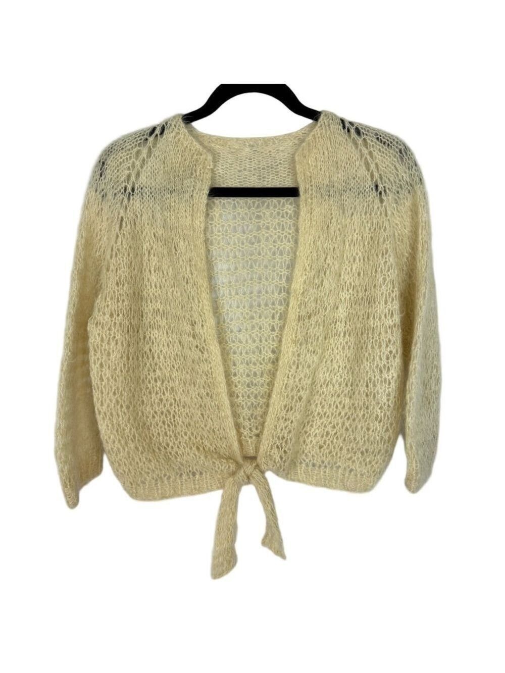 Vintage sweater Cardigan Handknit Cream Women's S-M Tie Waist Loose Knit Open